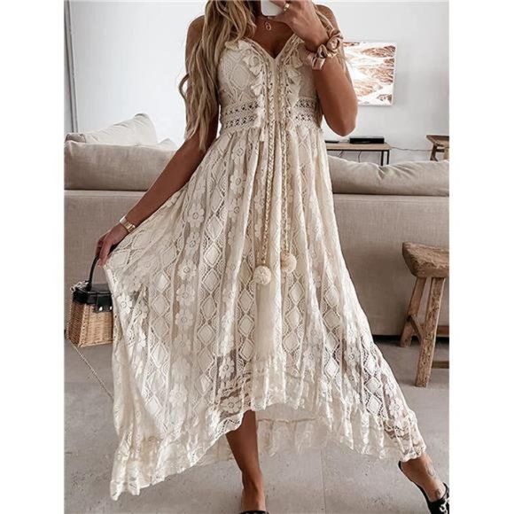 CUPSHE Women's Dresses Slip Boho Maxi Dress Lace Up Tassel V-Neck Flare Ruffle B - Picture 2 of 7